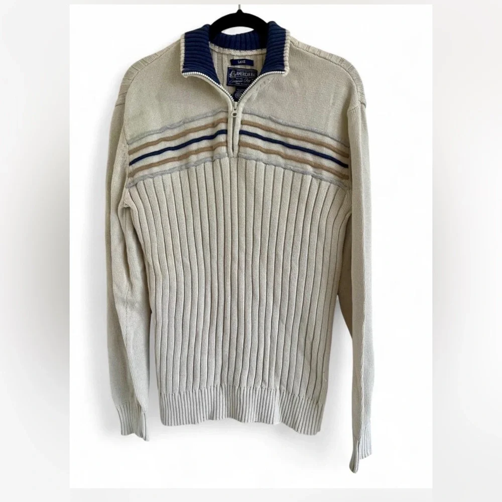 Cream and Navy American Rag QuarterZip preppy style sweater